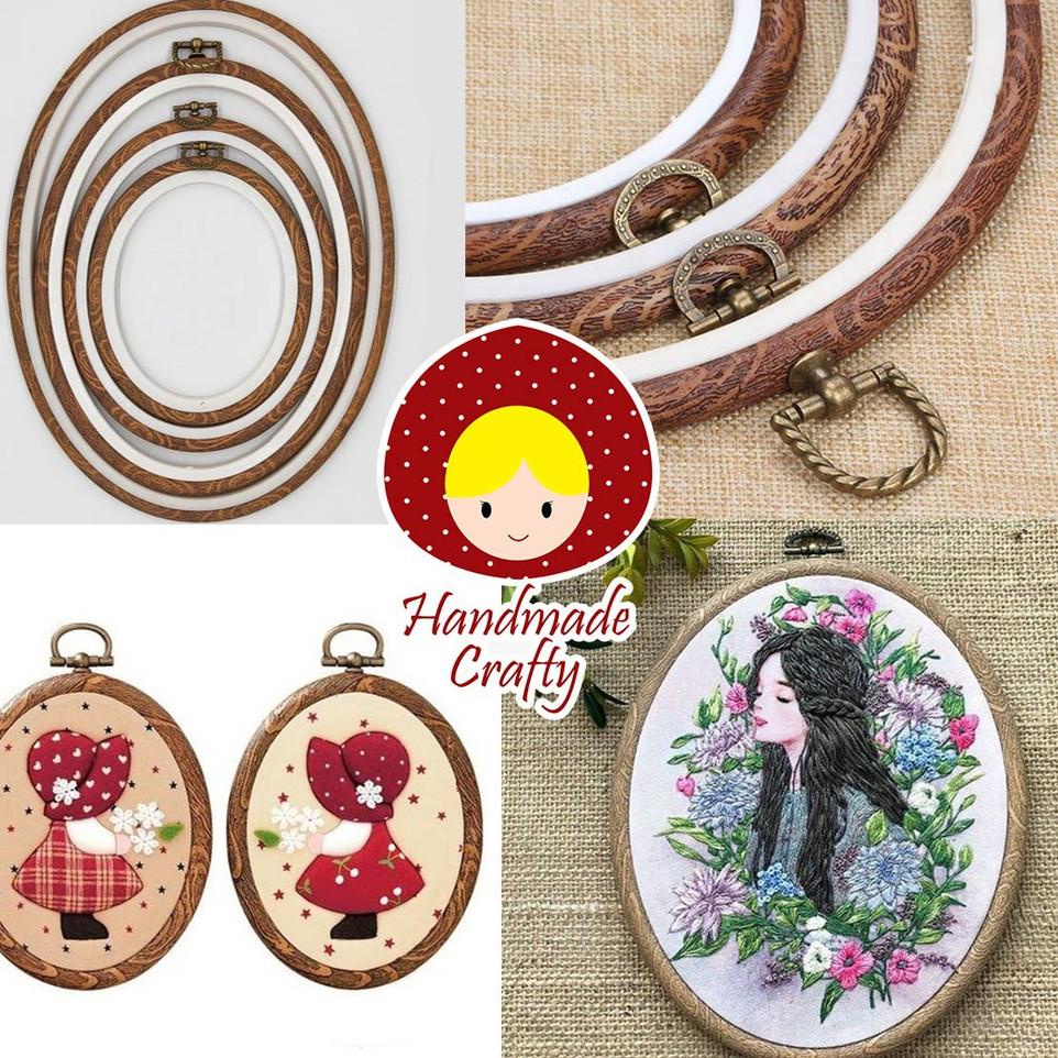 [KODE J3388] Pemidangan sulam oval/embroidery hoop oval motif kayu antik