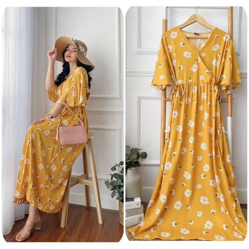 Daster Kimono Busui Tali Samping Panjang Semata Kaki / Daster Kekinian-MATAHARI KUNING 120