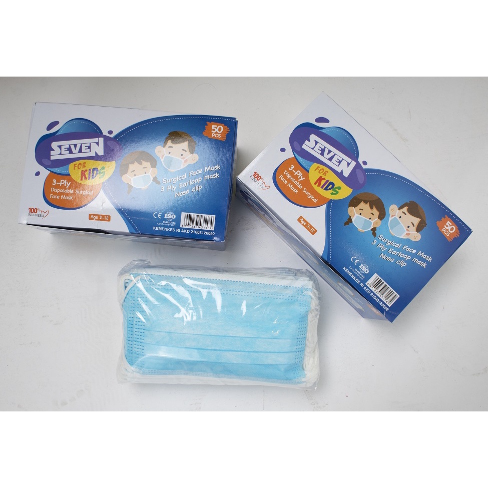 Fortglass Masker anak SEVEN KIDS POLOS Masker Medis untuk anak 3ply 50pcs