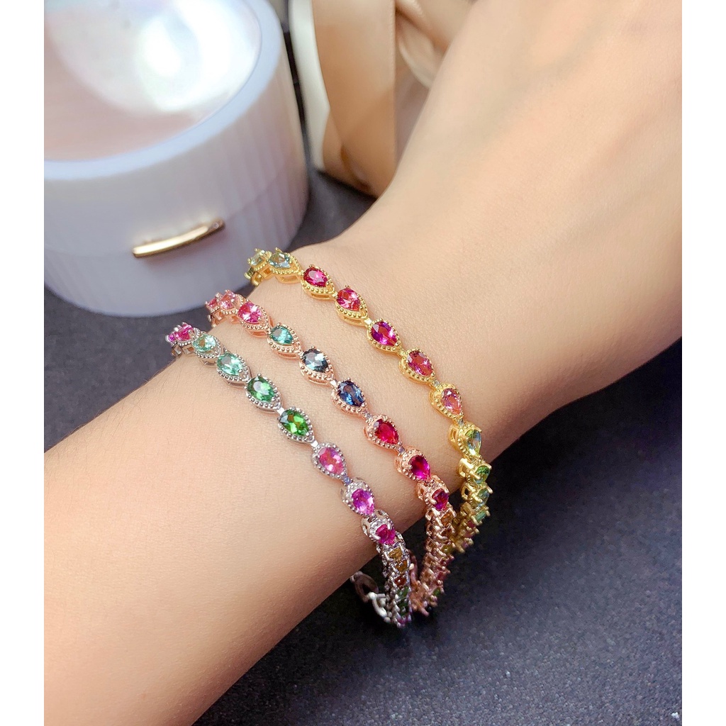 Gelang S925 Silver Gold 18k Hias Turmalin Warna Pelangi Untuk Wanita