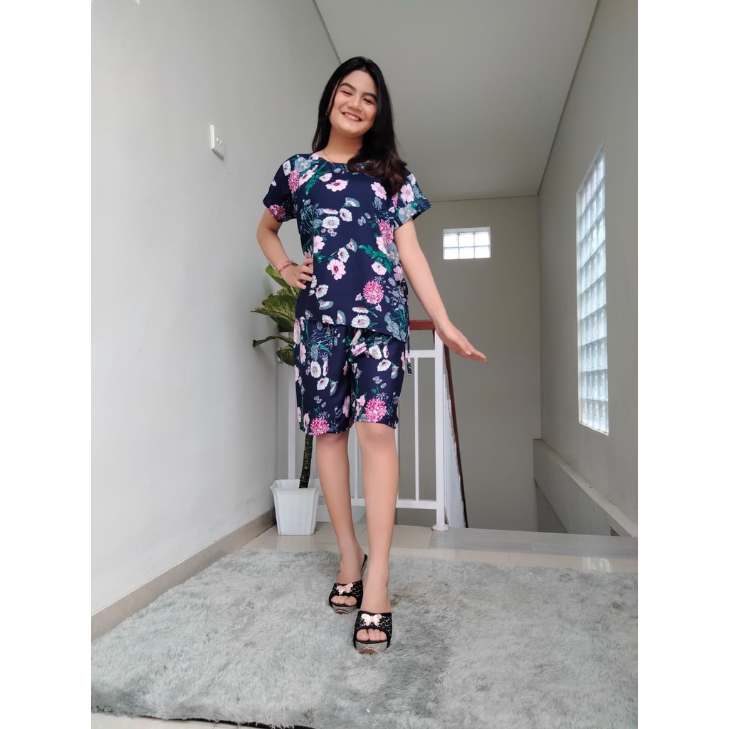 Piyama Pendek Lola Flower Rayon Super 03-NAVY LOLI FLOWER