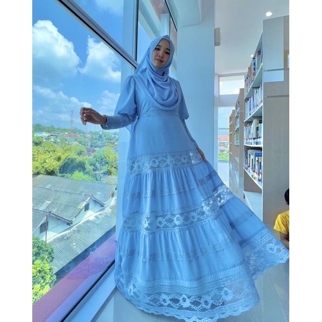 Gamis biru powder blu hashuna akad nikah pengantin syari new umroh haji terbaru bukan preloved