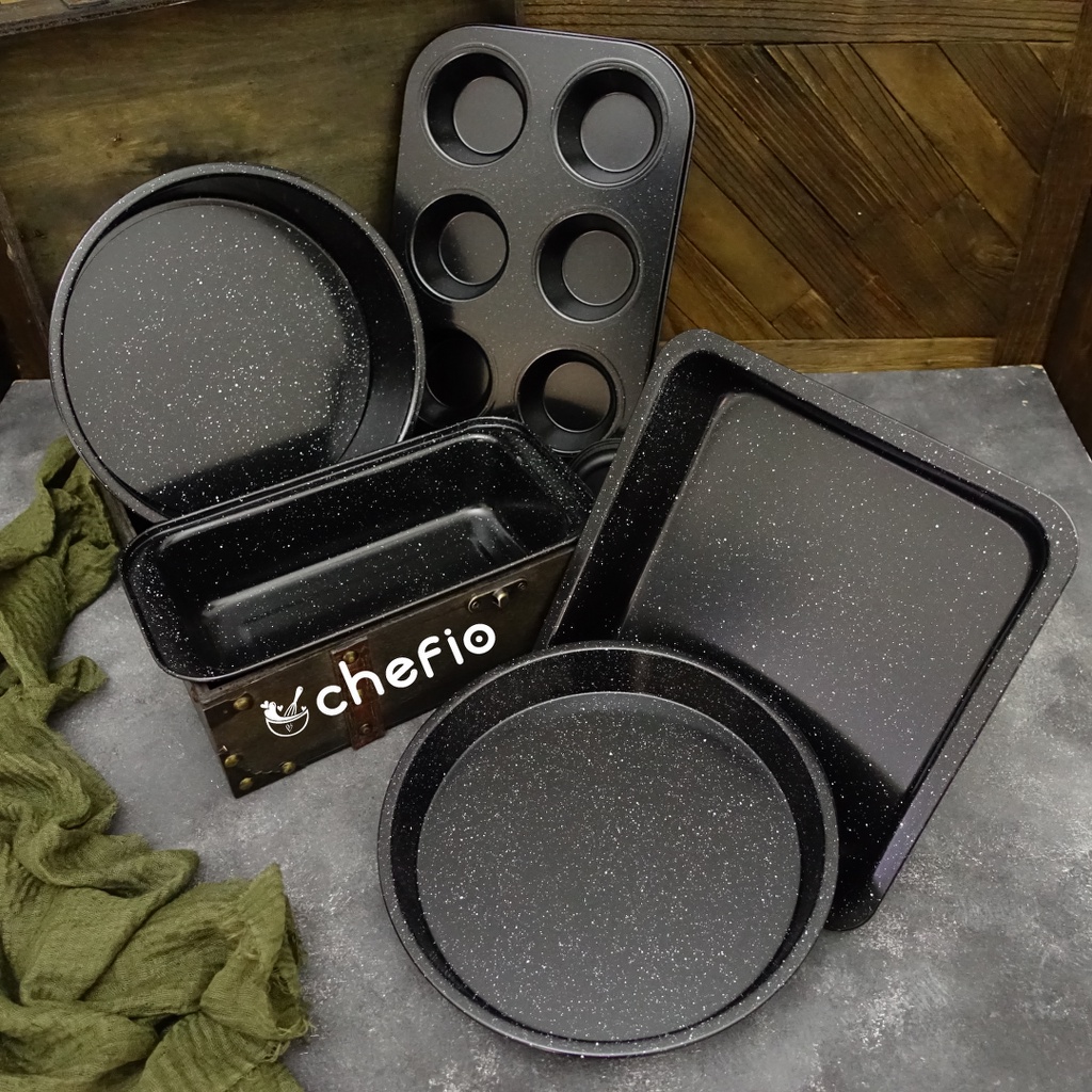 Loyang Set Chefio 5pcs Black Marble / Brownies / Loaf Pan / Pizza / Muffin