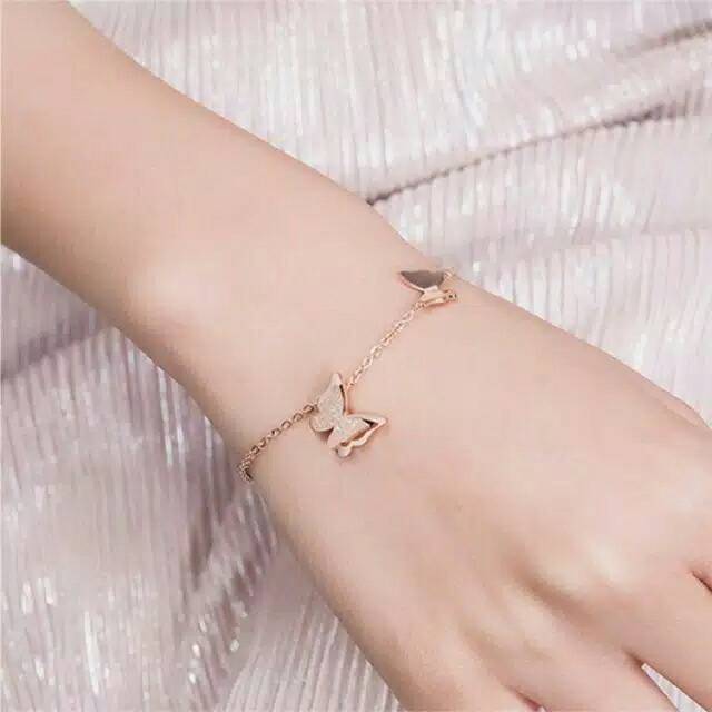 GG Gelang Tangan Ori Titanium Premium Kupu kupu Kembar Rose Gold #GT-112