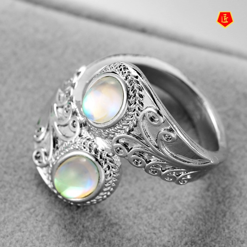 [Ready Stock]Colorful Moonstone Ring Female Exaggerated Carved Punk Style