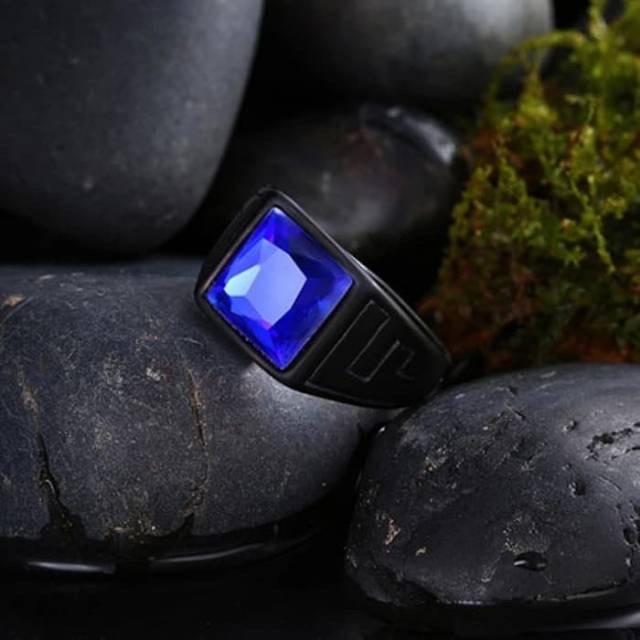 Cincin Pria Blue Saphire Octagon King Safir Red Rubi Ring Titanium Stainless Steel Black Platted High Quality