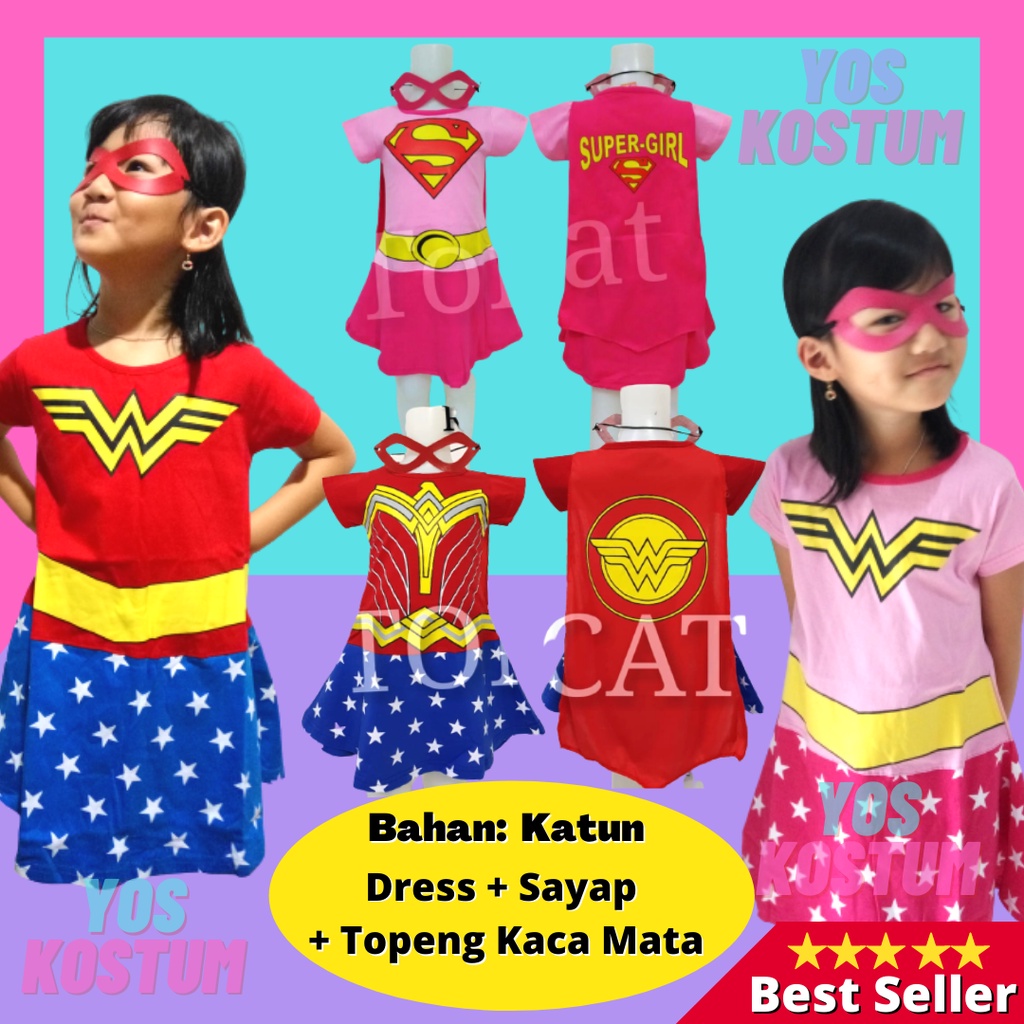 Kostum Superhero Anak Perempuan Dress Baju Cewek Karakter Topeng Sayap 1 - 8 Tahun