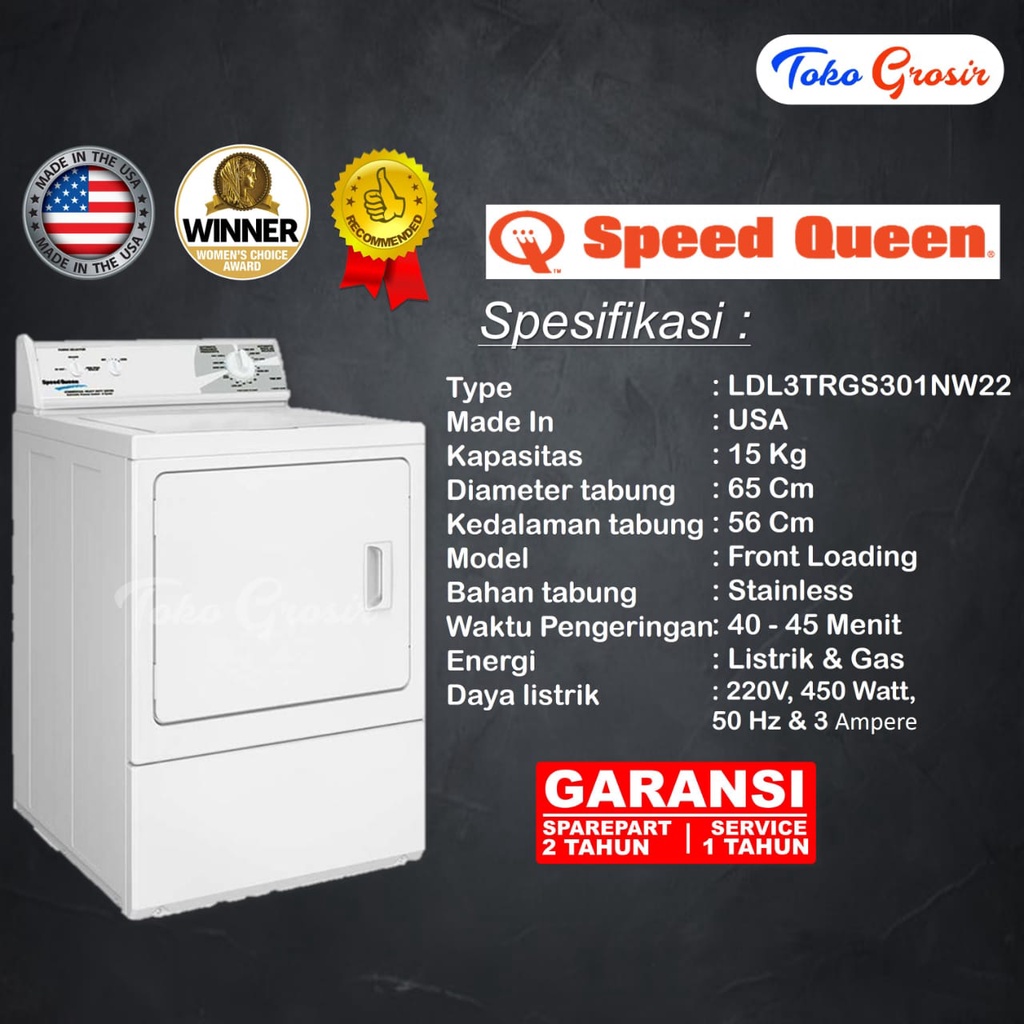 DRYER / MESIN PENGERING / MESIN PENGERING LAUNDRY SPEEDQUEEN GAS PINTU BESI KAP15KG LDL3TRGS301NW22