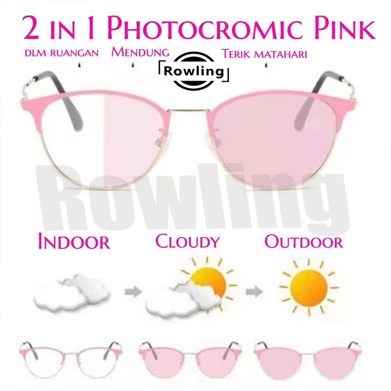 rowling(pc-53)2 In 1 Kacamata lensa photocromic PINK anti radiasi Wanita  kacamata bingkai Titanium komputer Anti Silau fotocromic