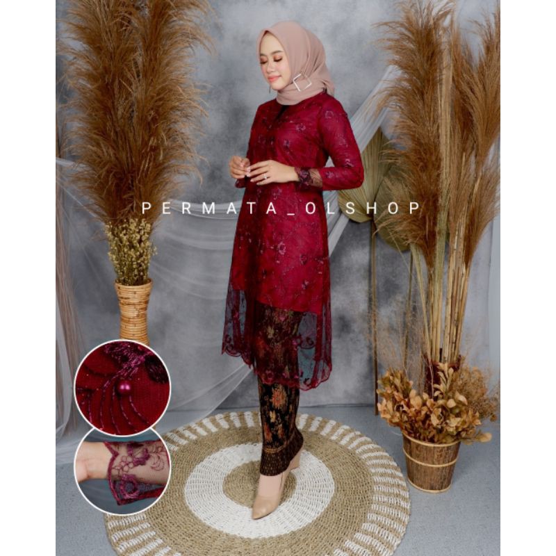 Kebaya Moderen Tulle - Kebaya Tunik Tulle Busui - Kebaya Terbaru - Kebaya Tunik Floy Kutu Baru - Kebaya Seragam - Kebaya Busui-Maron