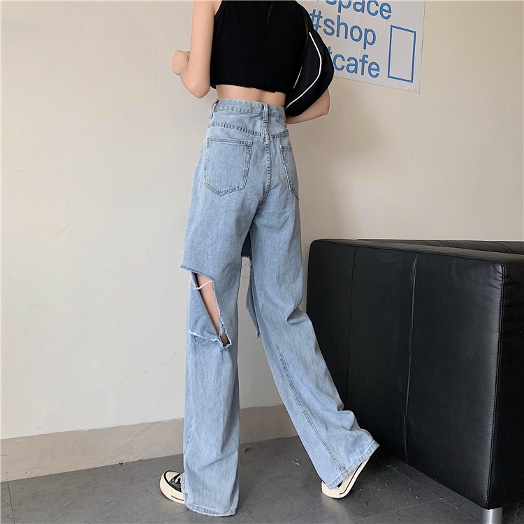 XIAOZHAINV  Celana Jeans Panjang Wanita Korean Style Highwaist Sobek 8678