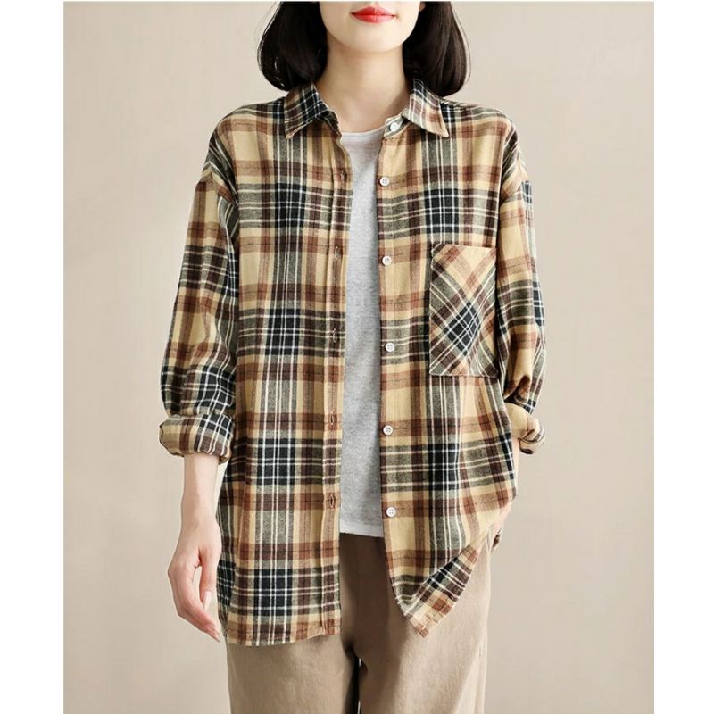 8930 Atasan Baju blus blouse kemeja lengan panjang kerah kotak kesual realpic import perempuan Fashi