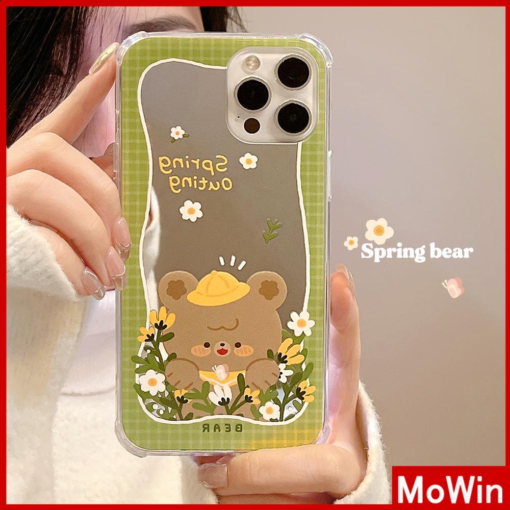 iPhone Case Acrylic Mirror Airbag Shock Resistant Big Hole Camera Protection Green Flower Bear Compatible For iPhone 11 iPhone 13 Pro Max iPhone 12 Pro Max iPhone 7 Plus