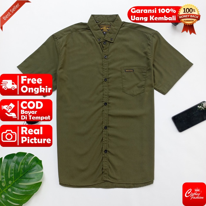 BAJU KEMEJA KAMEJA HEM HIJAU ARMY PRIA LENGAN PENDEK COWOK PRIA KASUAL TERBAIK