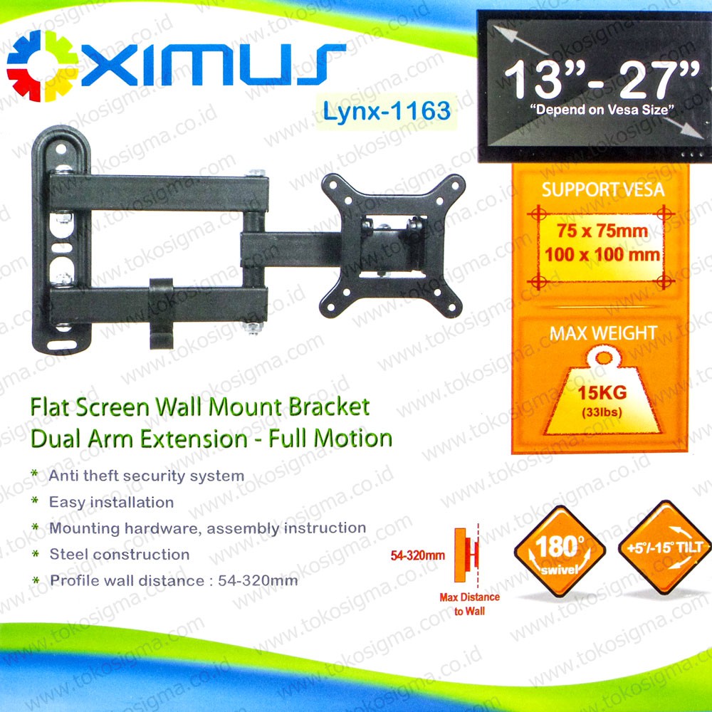 WALL BRACKET FULL MOTION LYNX 1163 for MONITOR TV LED 13-27 inch