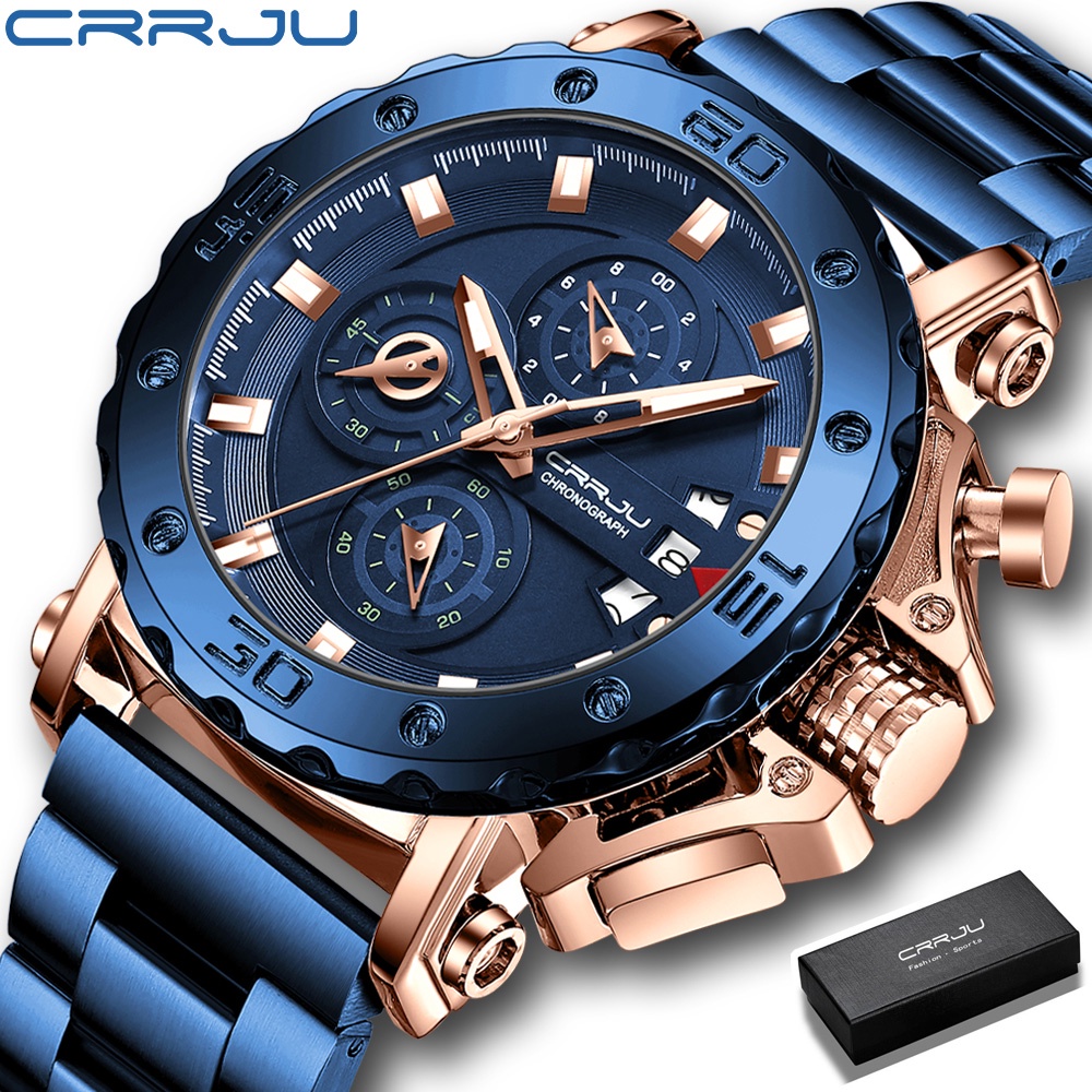 Jam Tangan Pria Bisnis CRRJU Merek Mewah Jam Tangan Stainless Steel Biru Chronograph Army Military Quartz Watches