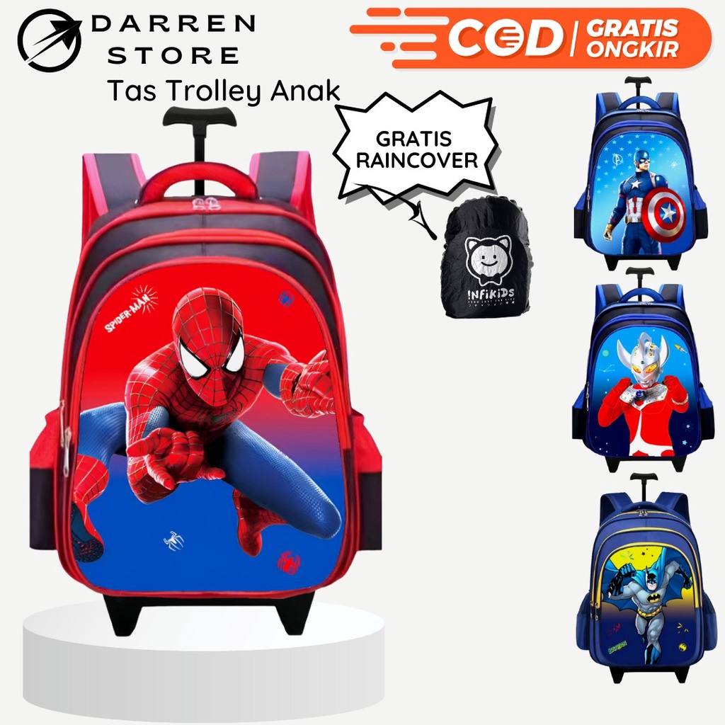 Tas Troli Anak Sekolah SD Laki Laki import 1925 Tas Dorong Superhero Ransel Trolly SD Timbul