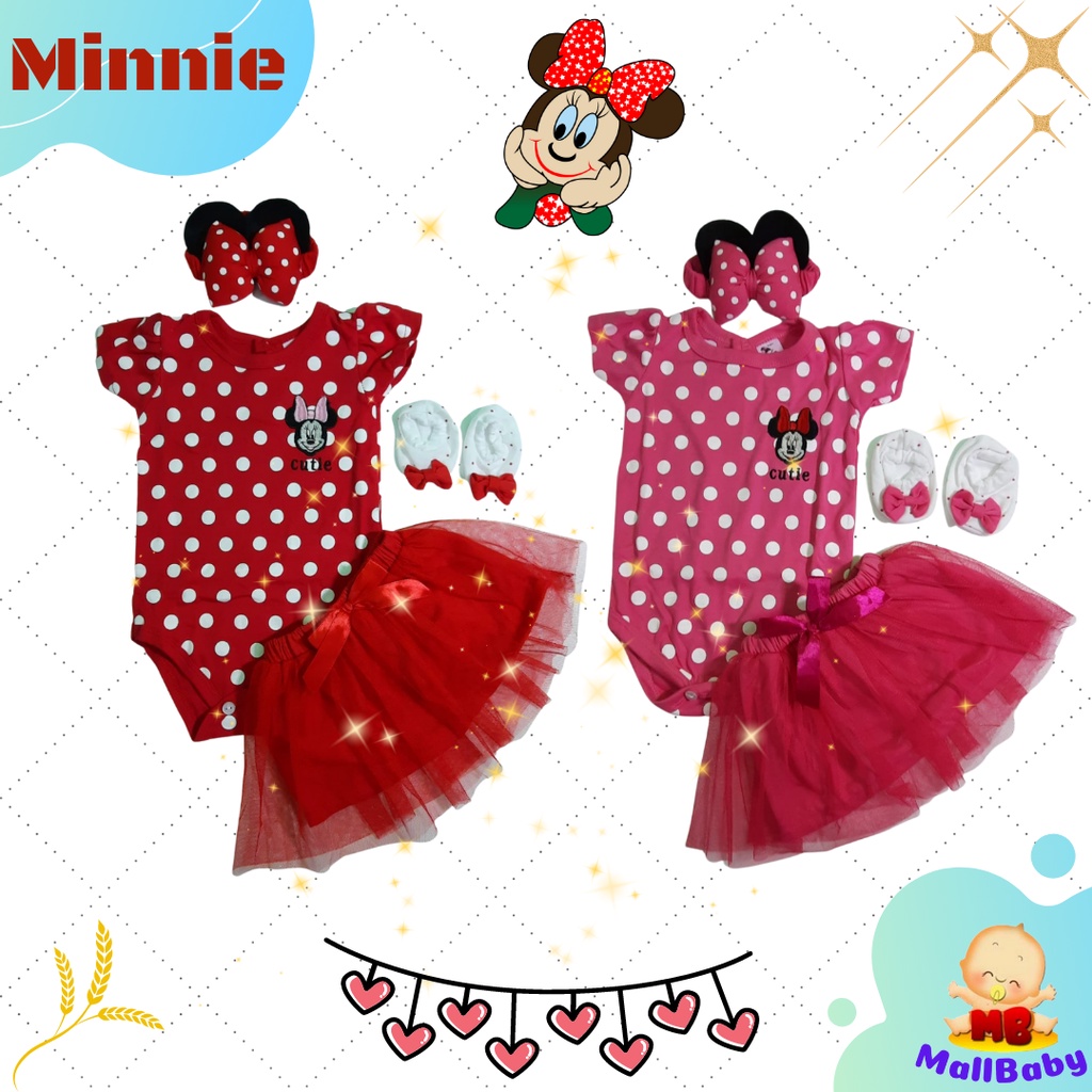 Baju Bayi Perempuan 3 6 9 12 Bulan Setelan Jumper Set Bandana Sepatu Bayi Minnie