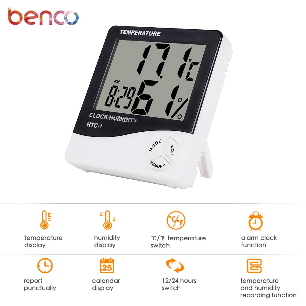 BENCO Alarm Jam Meja Kalender Digital dengan Thermometer Hygrometer Pengukur Suhu Ruangan