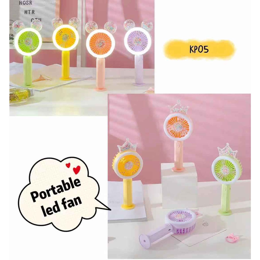 Kipas angin portable LED KP05 mickey crown mini led light fan rechargeable kipas meja