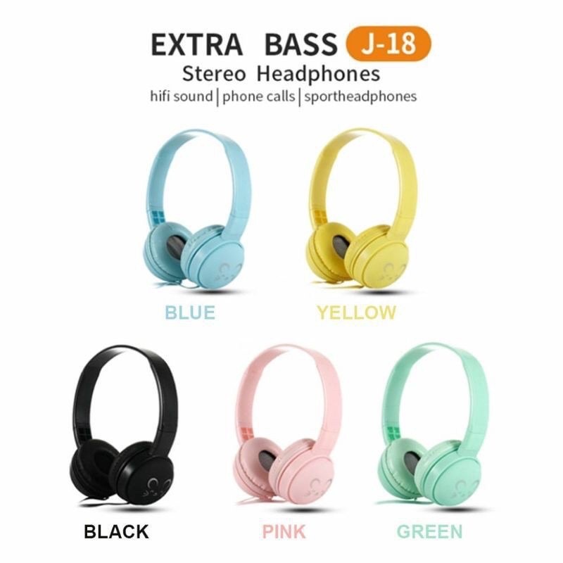 HEADSET BANDO ANAK J-18 HEADPHONE EXTRA BAS MACARON EARPHONE LUCU ANAK