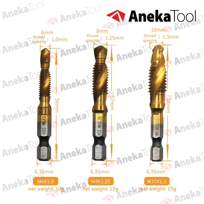 Mata Bor Pembuat Ulir Drat 6Pcs Drill Tap set M3-M10 Hex Twist Dril