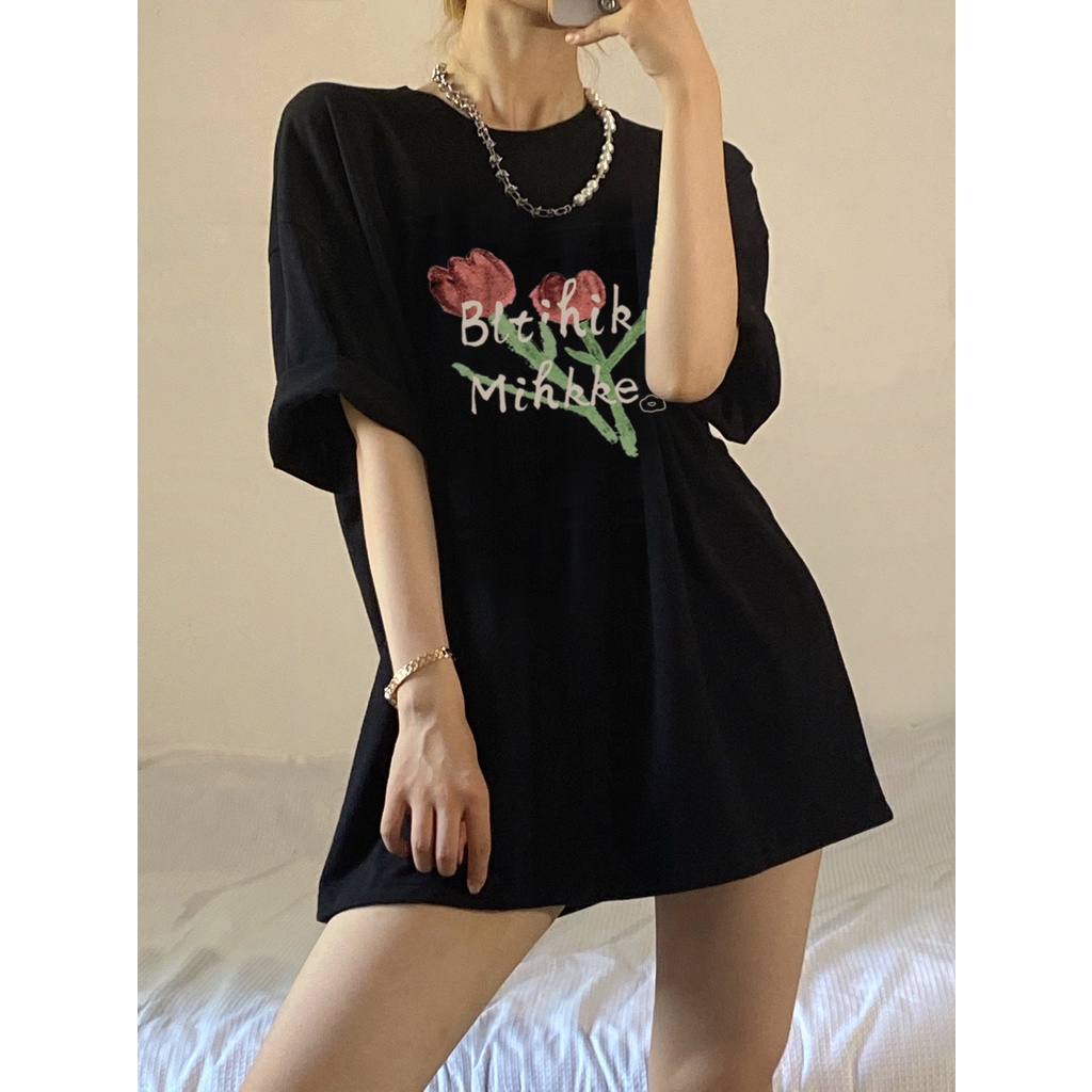 hitam katun kaos atasan wanita import /baju atasan cewe kekinian/korean style T-shirt fashion（realpict）