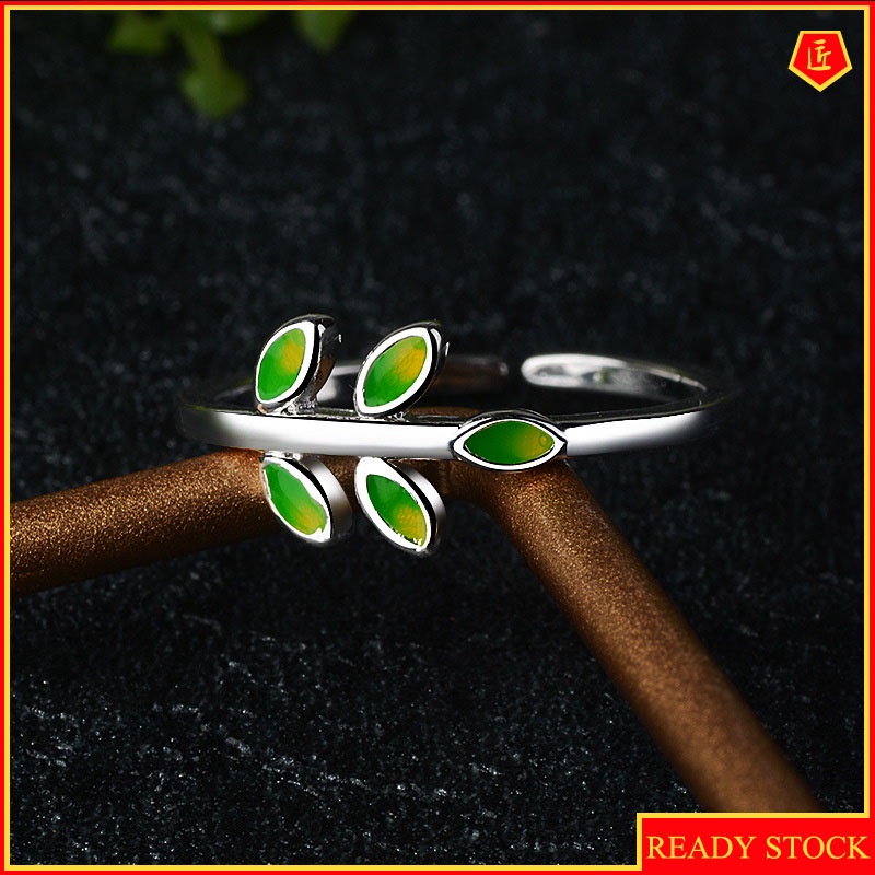 [Ready Stock]S925 Silver Green Leaves Ring Female Personality Simple