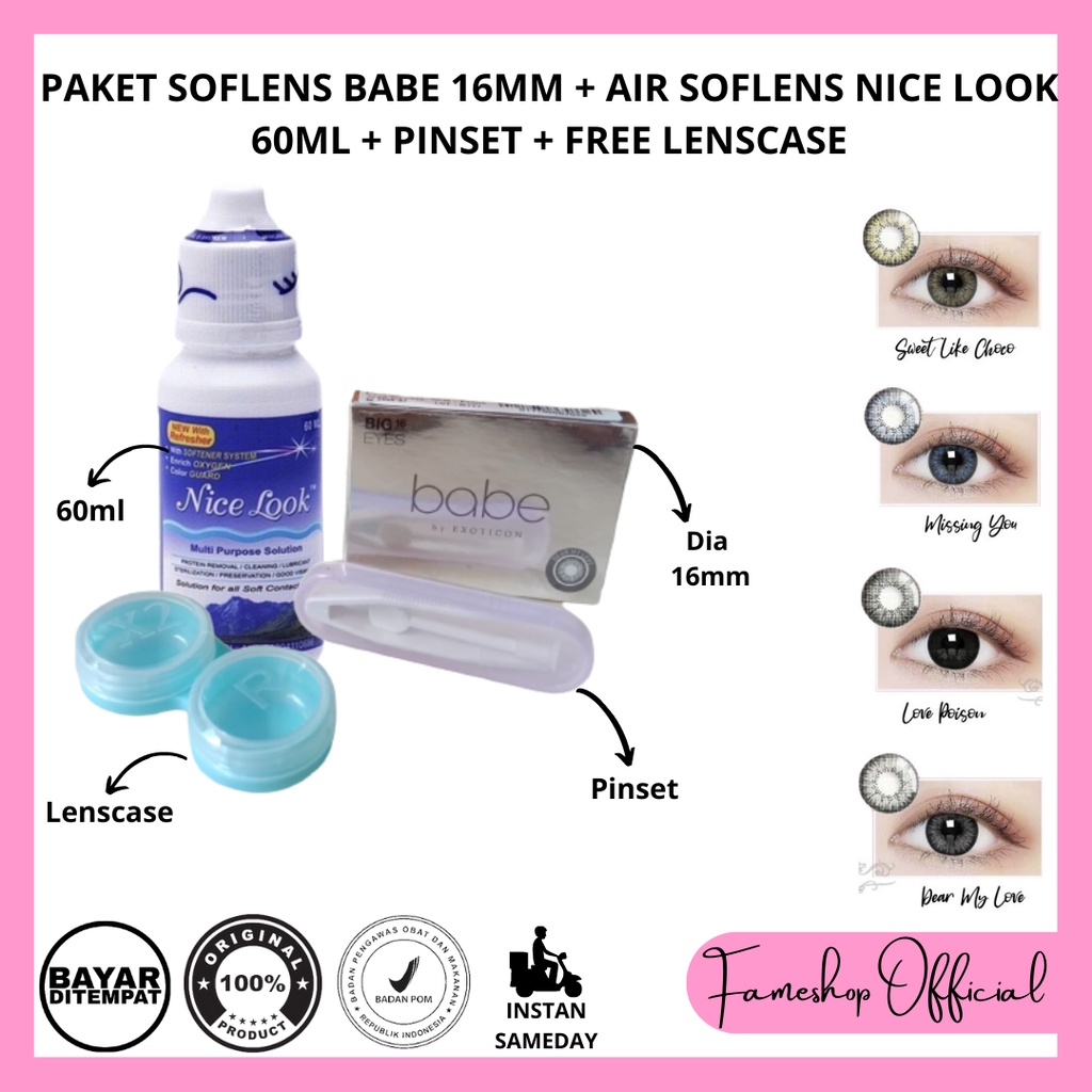 PAKET SOFTLENS BABE DIA 16MM + CAIRAN NICE LOOK 60ML + PINSET + LENSCASE / COD INSTAN SAMEDAY / LENSA KONTAK / PAKET MURAH