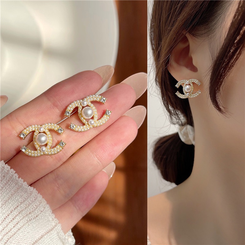 Anting Huruf C Ganda Mutiara Kecil Untuk Wanita Aksesoris Telinga fashion Korea