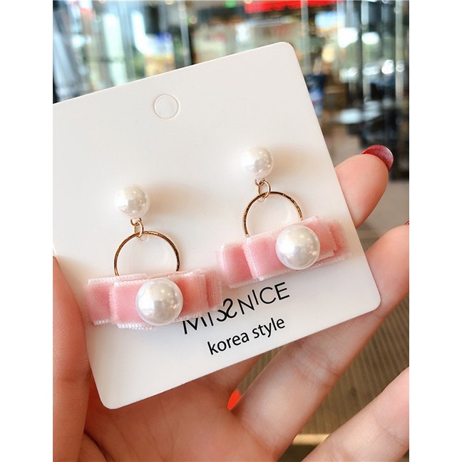 LRC Anting Tusuk Fashion Pink Velvet Bow Pearl Stud Earrings D19501