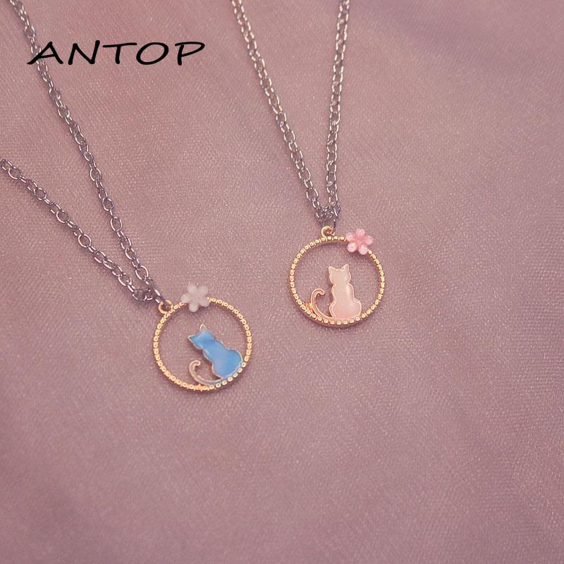 1 Pcs Kalung Titanium Wanita Lingkaran Anak Kucing Biru Merah Jambu Pasangan Teman Perhiasan ANTOP