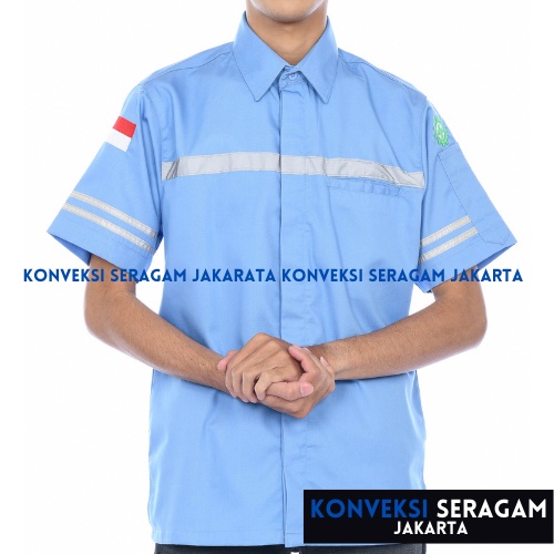 Baju Kemeja Safety K3 Lengan Pendek - Seragam Kerja Atasan Wearpack Werpack Werpak Proyek Tambang Warna Biru Muda Telur Asin Pria Wanita - Konveksi Seragam Jakarta