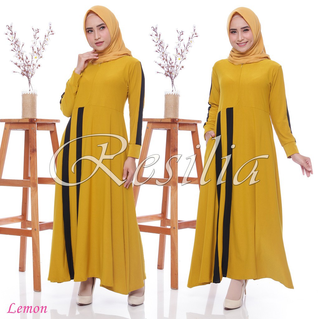 PAKAIAN MUSLIM TERLARIS TERKINI // RESILIA Gamis SPORTY list depan Varian 1 Promo 