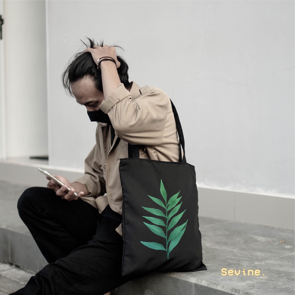 Sevine Totebag Tas Wanita Tote bag Resleting Laptop Tropical Leaf Black Series - TRP4