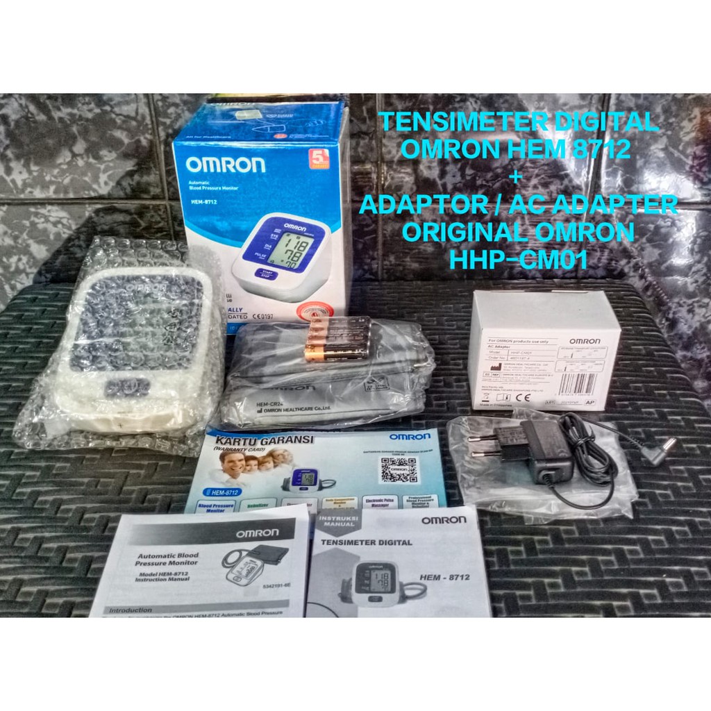 PAKET TENSIMETER DIGITAL OMRON HEM 8712 DAN ADAPTOR / AC ADAPTER ORIGINAL OMRON HHP-CM01