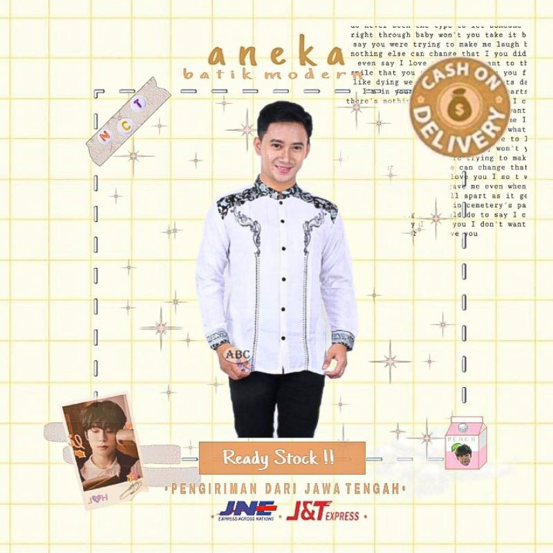 Kemeja hem atasan baju pria cowok polos kombinasi batik warna putih silver lengan panjang bordir