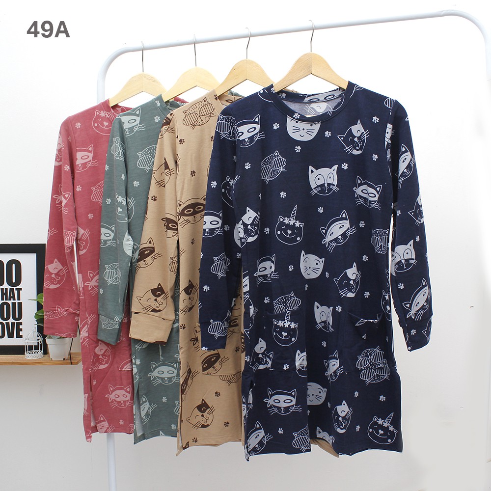 JakartaFashion - dress tunik babyterry printing motif kucing model terbaru bahan tebal adem panjang