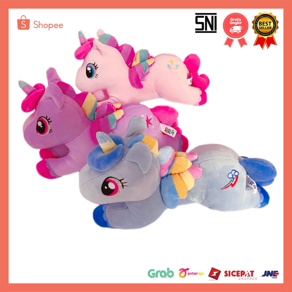 Boneka Kuda Unicorn Little Poni Pony Rainbow Clasie Lying Horse Plush Doll Ungu Biru Pink Kuning