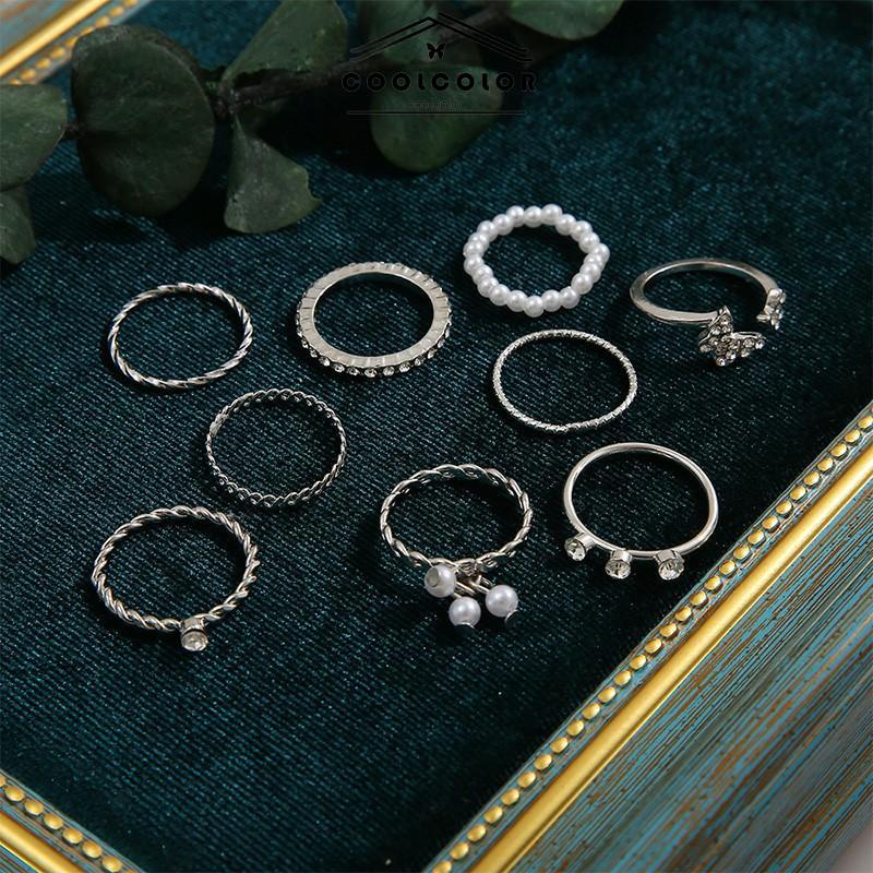 Murah❤️9Pcs/Set Cincin Kupu-kupu Berlian Mutiara Kristal Ring Set Retro Korea Terbuka Fashion Perhiasan Aksesoris Ready Stock