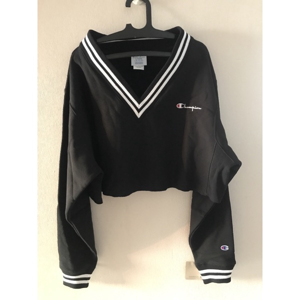 sweater hitam polos putih v neck crop top Champion tebal asli baru