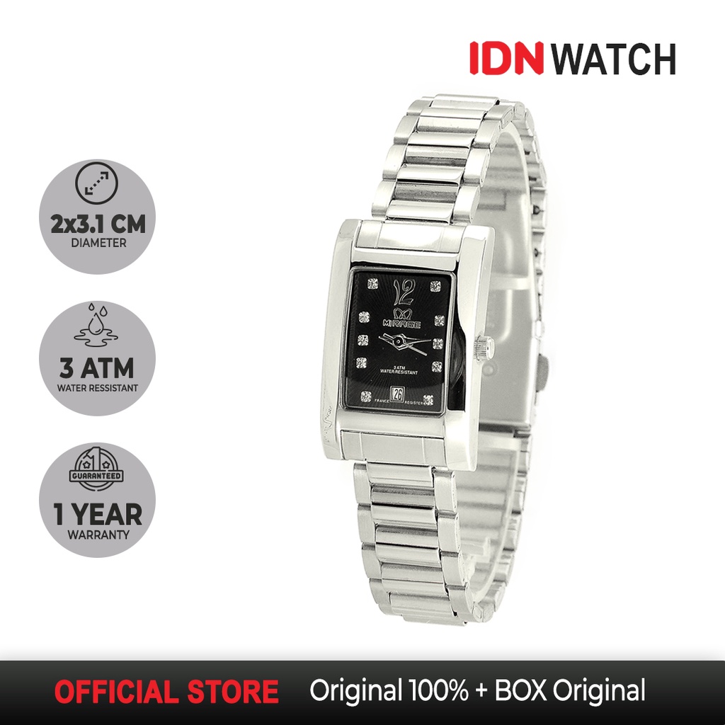 Jam Tangan Mirage Original Wanita Analog Petak Stainless Silver Anti Karat Garansi Miragewatch 7062L