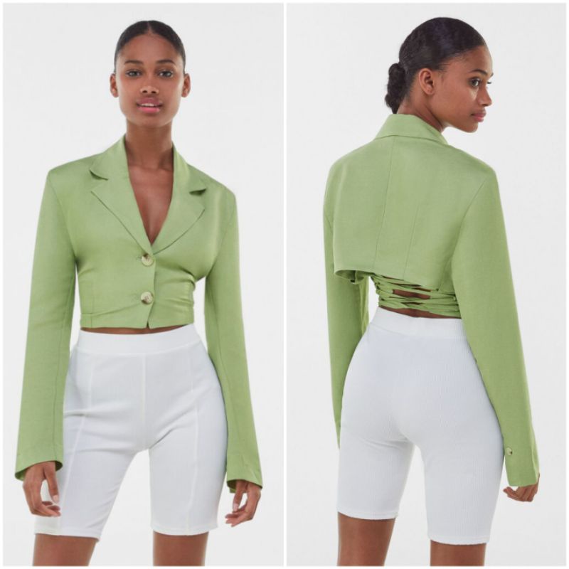 BERSHKA WOMAN BLAZER CROPPED LACE UP WITH BOW BARU ASLI ORIGINAL
