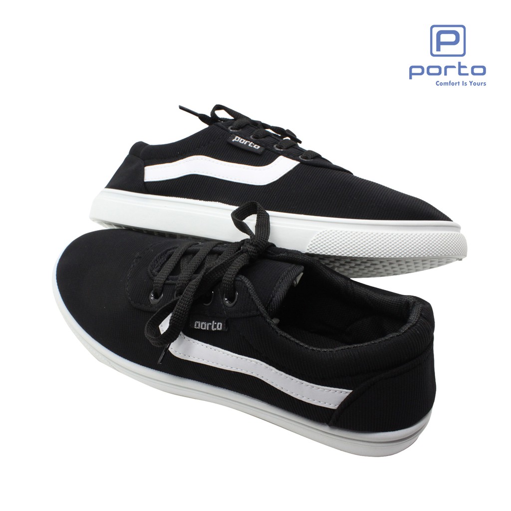 

Porto - Sepatu Sneakers Pria Cowok Hitam Simple Casual Nyaman Terbaru Casual Original AB010M