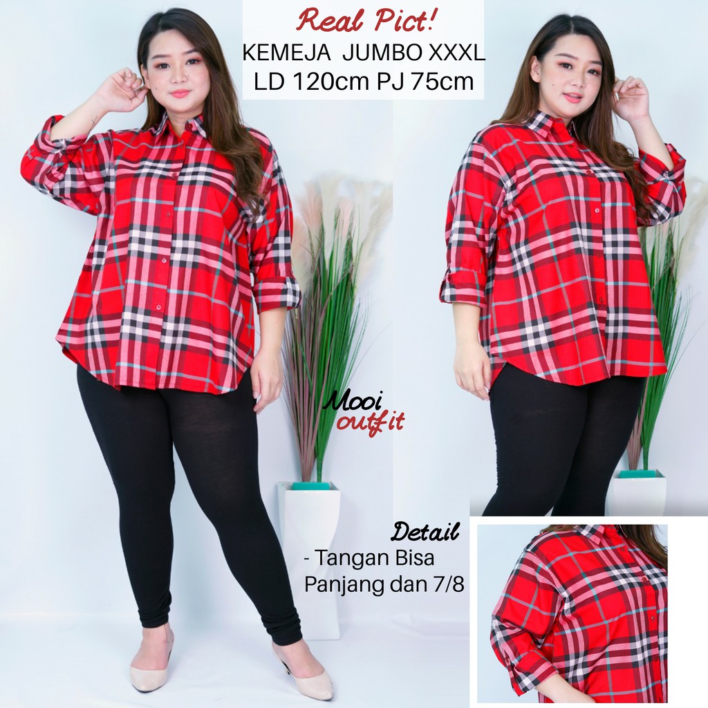 Mooi Outfit - Kemeja Jumbo Blueberry Katun Poly Xxxl Motif Tartan Kotak Big Size Kemeja Kerja Jumbo Wanita Murah