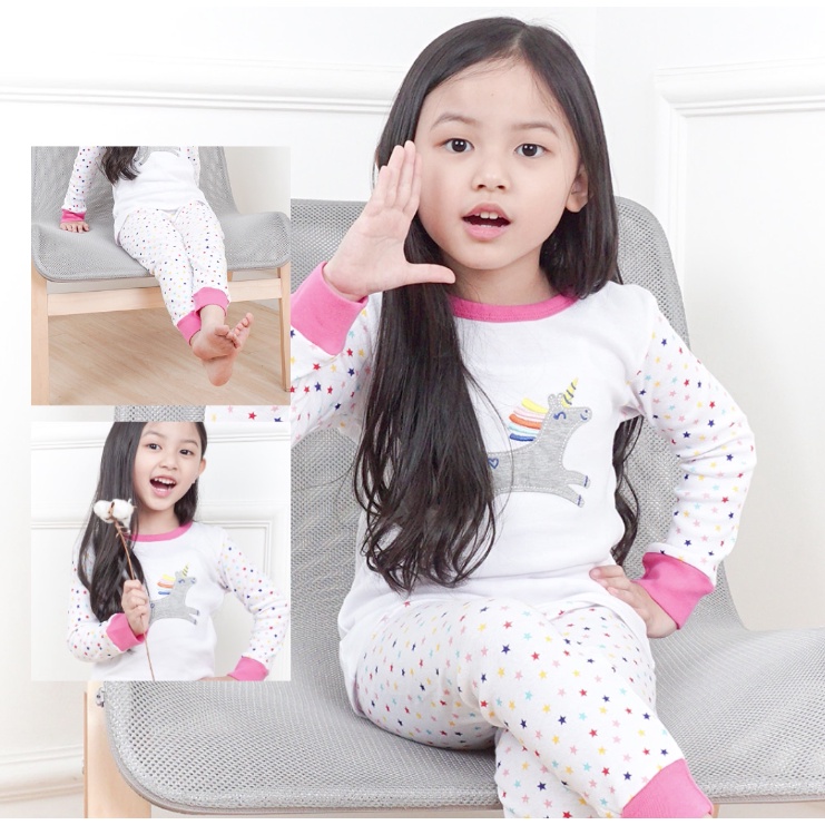Stelan Baju Setelan Piyama White Star Unicorn / Baju Tidur Anak Perempuan Tangan Panjang 4Tahun - 12