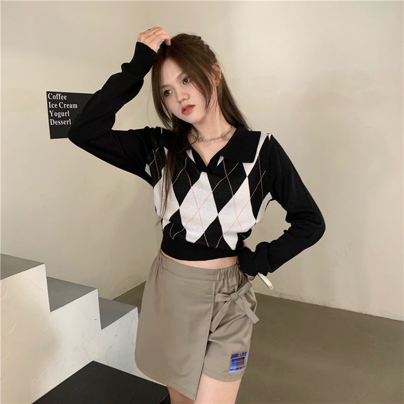 YIU YIU Rajut - Polo Shirt Sweater Rajut Crop Top Tartan Wanita Lengan Panjang Korean Style