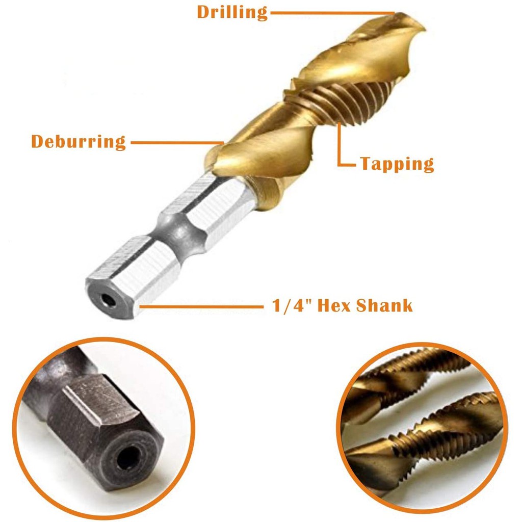 Mata Bor HSS 6PCS Pembuat Ulir Drat Drill Tap Set Hex Twist Spiral Tapper Baut Bit Drilling Tapping Deburring