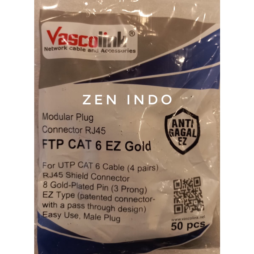 Konektor RJ45 FTP Cat6 EZ Gold Vascolink 1pack isi 50pcs Anti Gagal