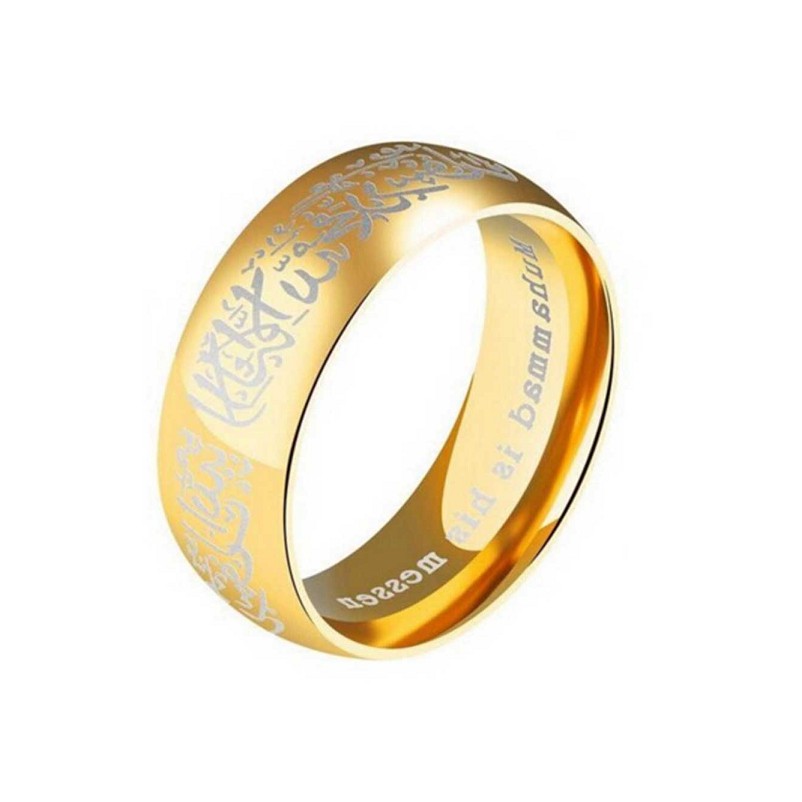 8mm Cincin Tauhid Muslim Pria Wanita Anti Karat Warna Emas Biru Silver Hitam Islami Kaligrafi Hadiah-Emas